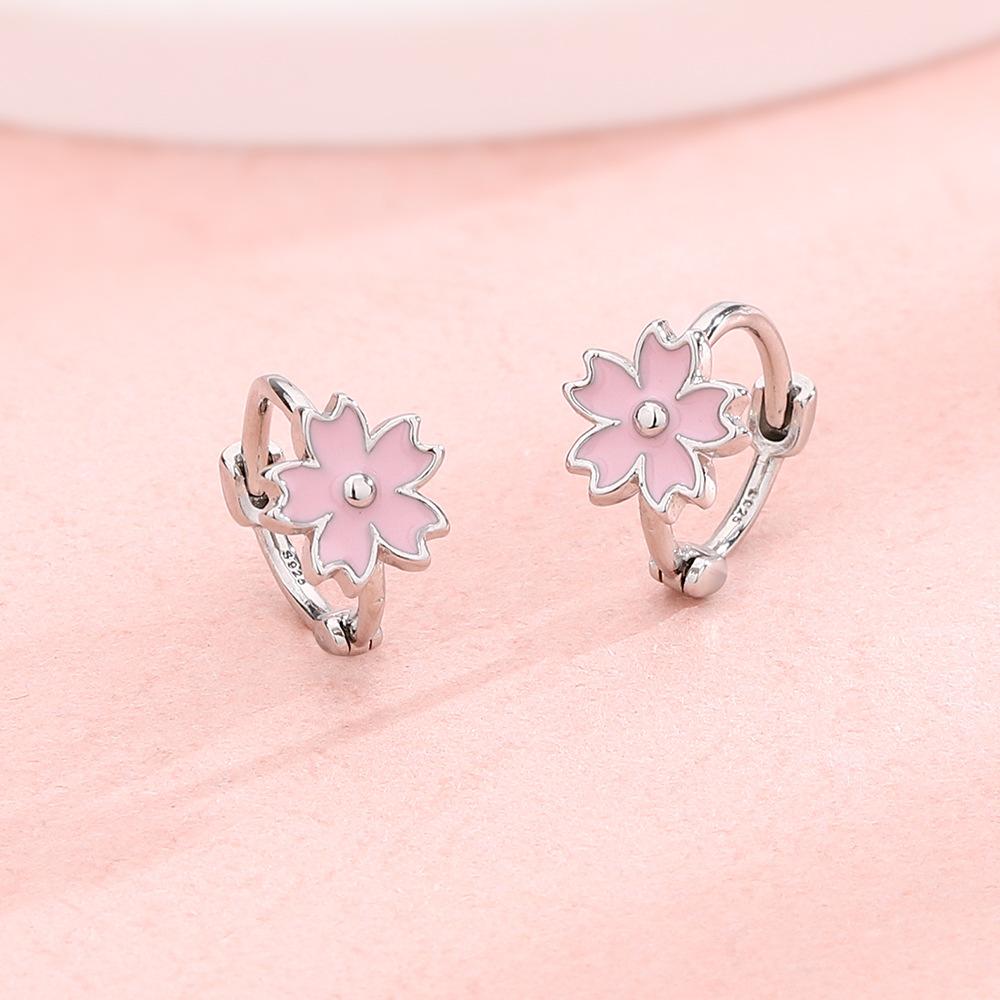 Pink Cherry Blossom Ear Buckle Small Fresh Female Flower Earrings Beautiful Dream Dripping Oil Five-Leaf Flower Earrings