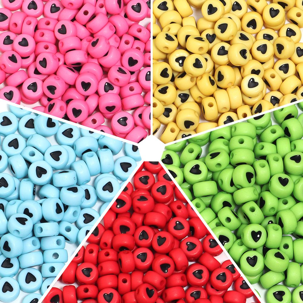 100pcs 7mm Heart Acrylic Beads Colorful Flat Round Loose Spacer Bead For Jewelry Making DIY Crafts Bracelet Necklace Accessories