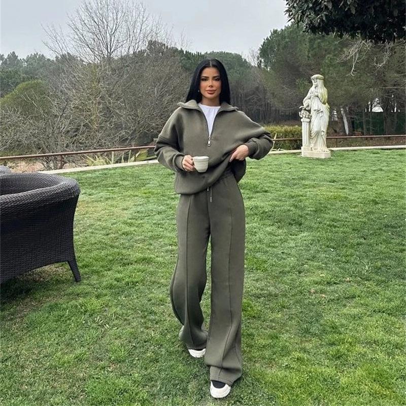 Graues Kapuzen-Sweatshirt mit Reißverschluss und weitem Hosenanzug