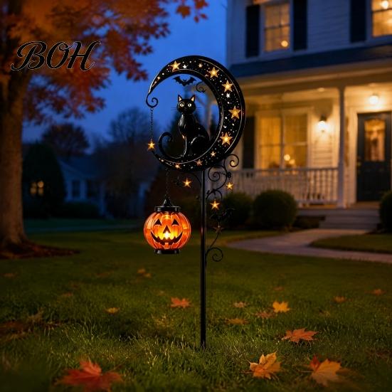Easy Install Decorative Stakes Halloween Solar Garden Light, Black Cat Pumpkin Moon Stake Pathway Lights for Home Courtyard Waterproof LED Yard