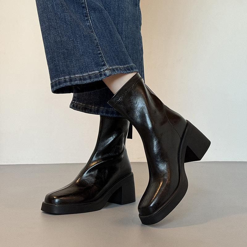 Thick soled short boots 2026 Spring and Autumn high-heeled short boots square toe women's boots