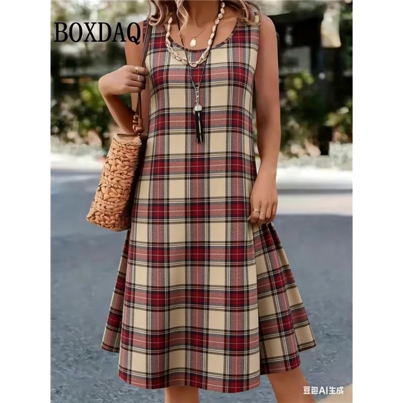 Летнее Модное Женское Платье в Клетку Женское Винтажное Платье-Майка Женская Повседневная Без Рукавов С Круглым Вырезом Одежда Свободный Пляжный Жилет-Платье S