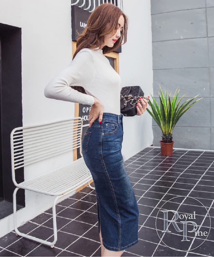Royal Pine Stretch Denim Skirt with Midi Length and Back Slit Women's High-Waisted (L, Navy)