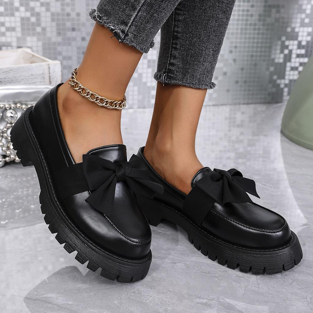 Black Women's Autumn New Niche Bow Thick-soled Round Head Versatile Shoes