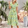 Women Summer Dress Flower Print A Line Loose Hem Patchwork Short Sleeves Irregular Short Sleeve Split Hem Lace Up High Waist Lady Midi Dress