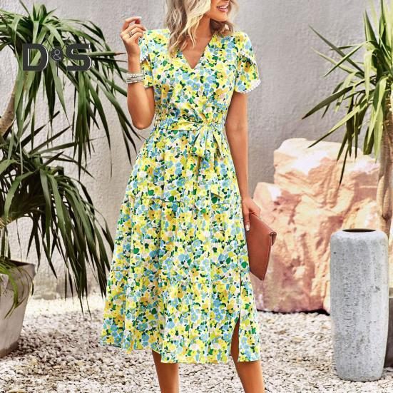 Women Summer Dress Flower Print A Line Loose Hem Patchwork Short Sleeves Irregular Short Sleeve Split Hem Lace Up High Waist Lady Midi Dress