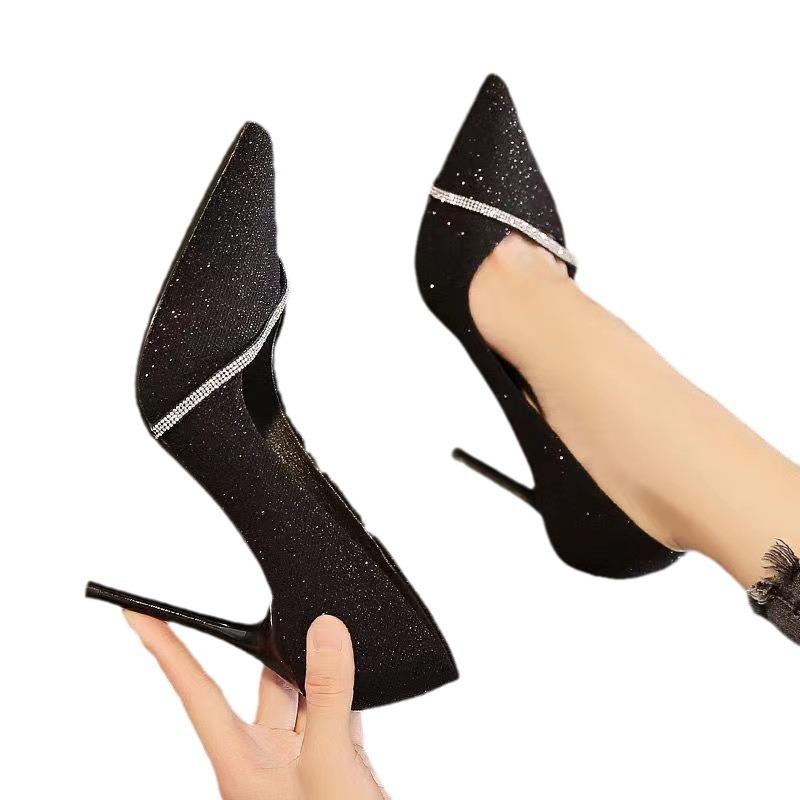 French high heels women's stilettos spring 2025 new banquet etiquette sexy pointed rhinestones professional single shoes women