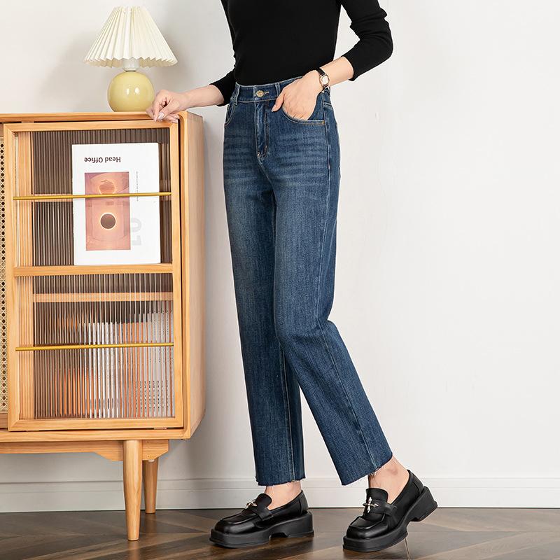 Women's High Rise Straight Leg Jeans Regular Four Way Stretch Denim Cropped Raw Edge Ankle Pants Spring Casual Trousers
