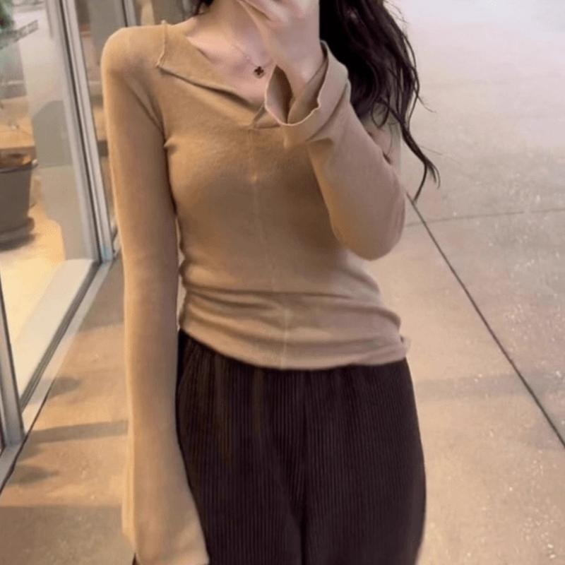 Ankara Červený Svetr s Výstřihem do V Slim Fit Dámský Jaro Instagram Chic Designérský Top s Dlouhým Rukávem Základní Vrstva Košile