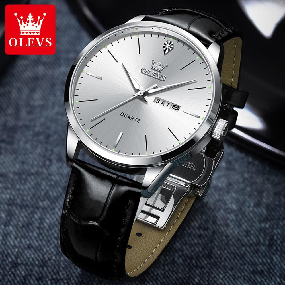 OLEVS Men's Watches Casual Fashion Original Brand Quartz Wristwatch for Man Waterproof Leather Strap Simple Trend Dress Date
