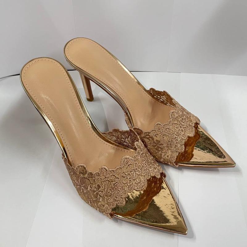 Soleist Elegant Women's Gold Lace Pumps | Pointed Toe Slip On High Heel Mules | Fashion Stiletto Shoes for Party Wedding