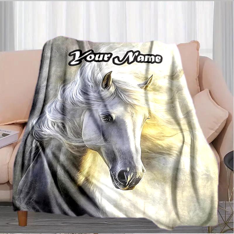 1PC Custom Name Ethereal Horse Portrait Flannel Blankets Patterns Throw Blanket All-Season Soft Gift for Couch, Bed, Camping Gifts
