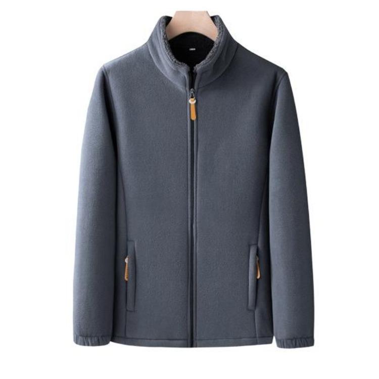 Solid Color Men Coat Stand Collar Cardigan Jacket Polar Fleece Lining Long Sleeve Zipper Placket Daily Wear Outwear