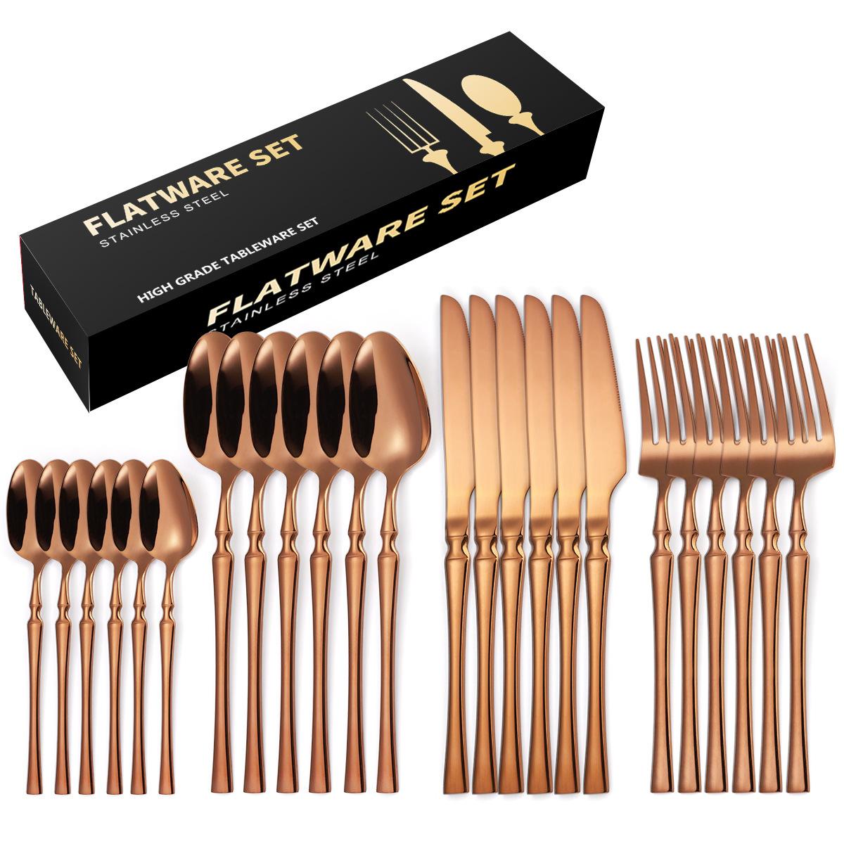 

Золотая посуда из нержавеющей стали, набор из 24 предметов, домашние креативные ножи для стейка в стиле вестерн, вилки, ложки, гостиничные принадлежности ярко-розовый