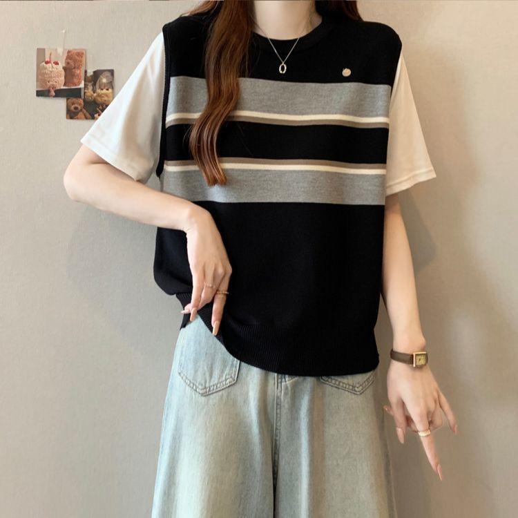 Summer Fashion Casual Versatile Short Sleeved Patchwork Round Neck Fake Two-piece Knitted T-shirt for Outerwear
