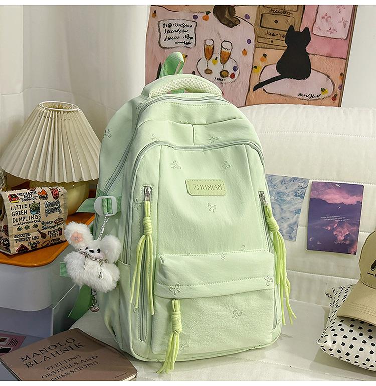 Schoolbag Cute Bow Embroidered Backpack Female Student Backpack Large Capacity Plush Pendant Elementary School Student Junior School Bag