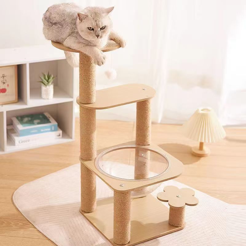 Modern Large Beige Wooden Cat Tree Scratcher Custom Design Climbing Frame for Cats Wholesale Manufacturer Supplies