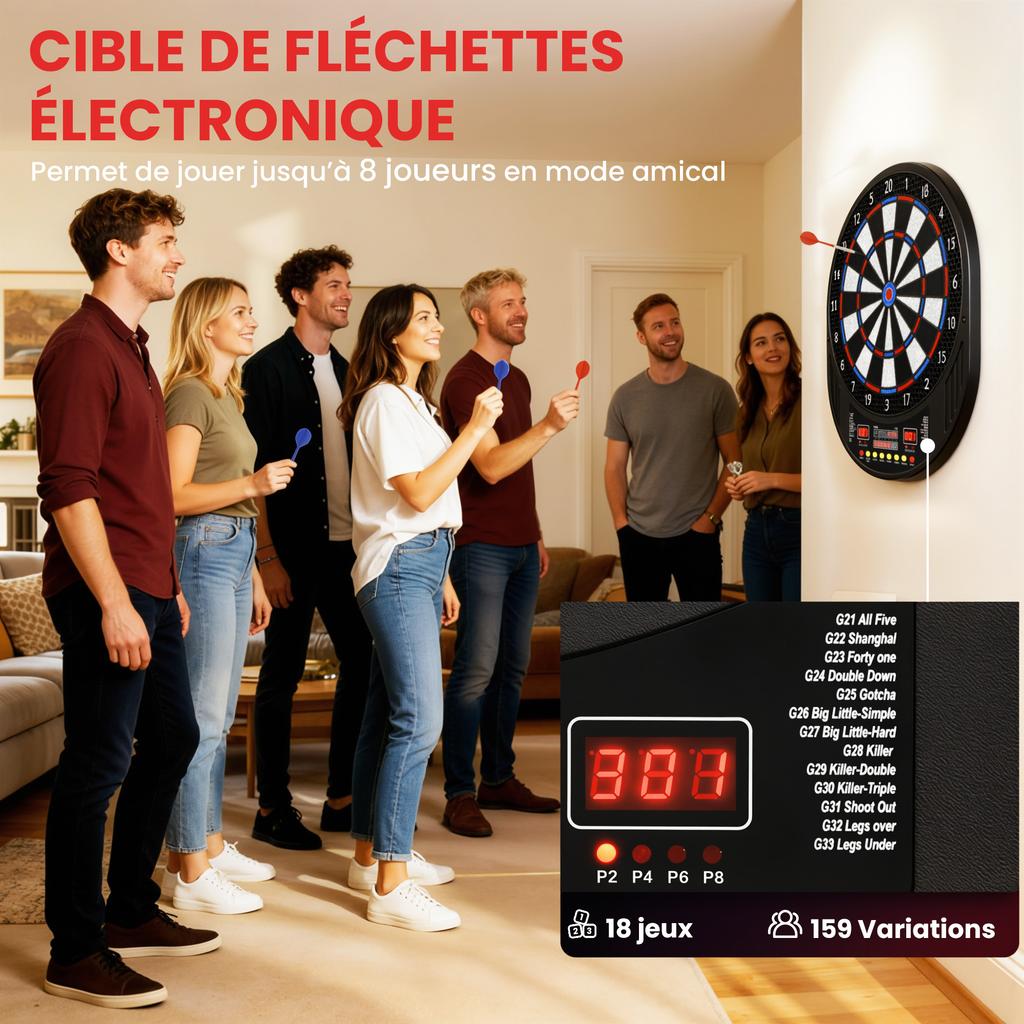 Electronic dart game with soft tips, dual LED screens, 33 games, 202 variations, up to 8 players