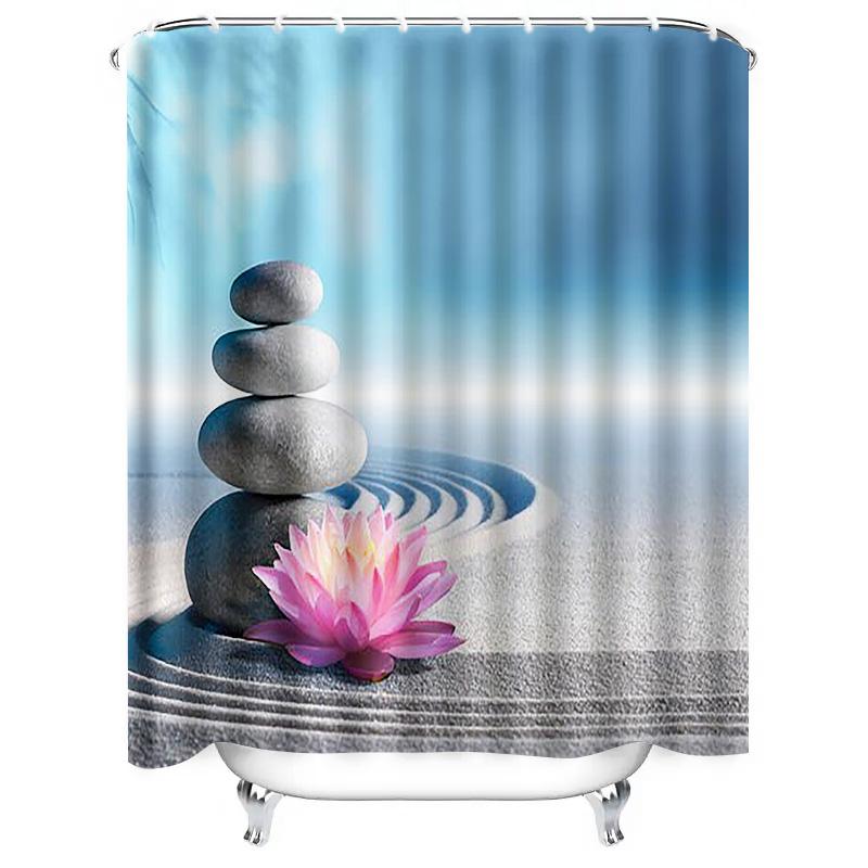 Zen Stones and Lotus Waterproof Shower Curtain Heat Resistant Machine Washable Non-Transparent 180x180cm