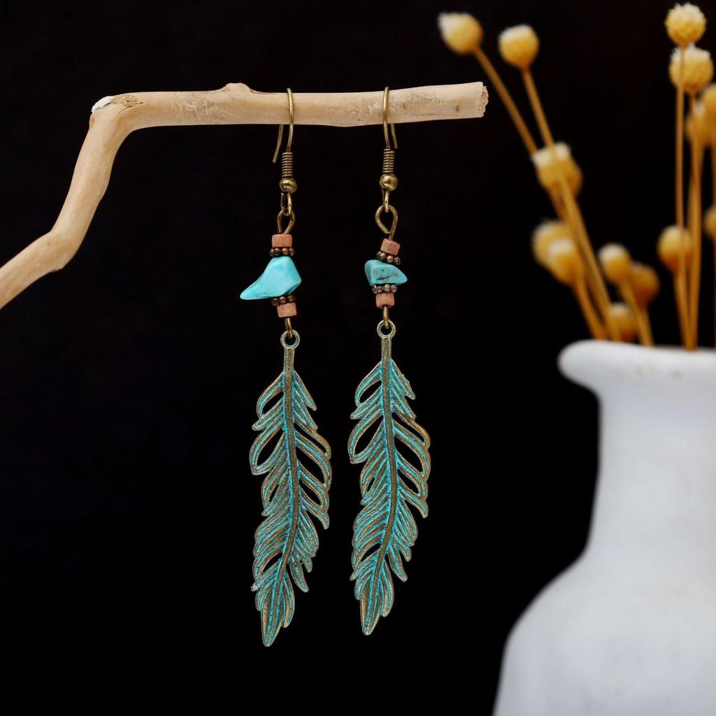 Turquoise Bohemian Owl Feather Tassel Earrings - Bronze Geometric Carved Design with Palm and Dreamcatcher Elements