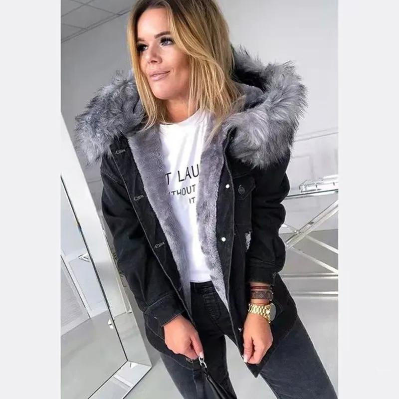 Winter Padded Thickened Hooded Jacket Women Casual Denim Coat Female Fashion Broken Holes Single-breasted Cardigan Outerwear