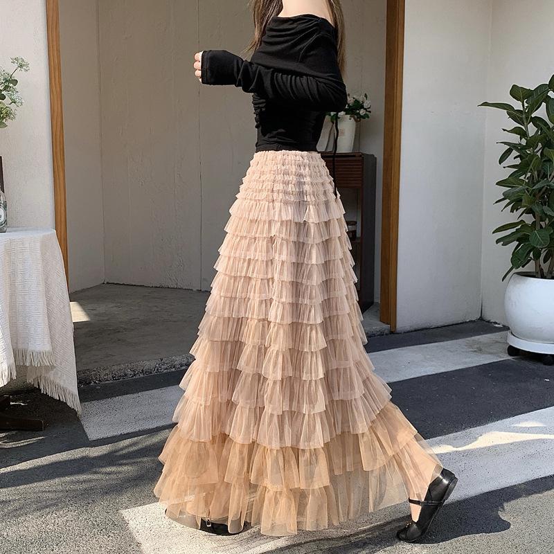 

Spring 2026 Women s High-Waisted A-Line Layered Midi Skirt - French Fairy Style with Color-Blocked Mesh. One Size (for 40-70kg) хаки