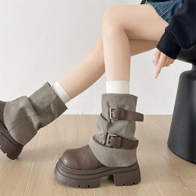 Black Thick-soled Heightening Sleeve Short Boots Women's Autumn 2025 Fashion Versatile Design Belt Buckle Martin Boots