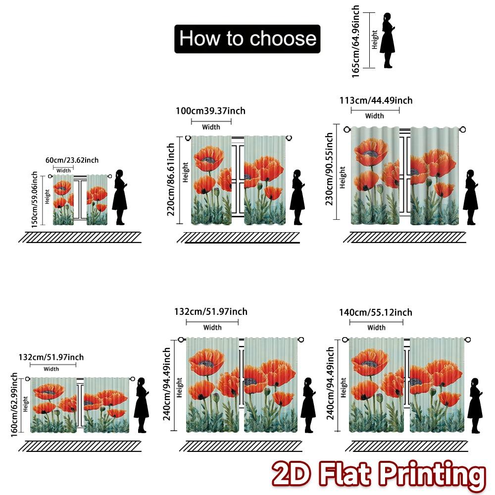 2D FLAT PRINTING 2pcs Curtains (Without Rod) Floral Poppy Design Holiday April Fools is Day Printed Curtains Versatile Polyester