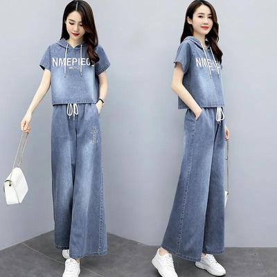 Summer Denim Wide Legged Pants Set Women's Hooded Letter Cowboy Top+Trousers Female Fashion Casual Two Piece Sets