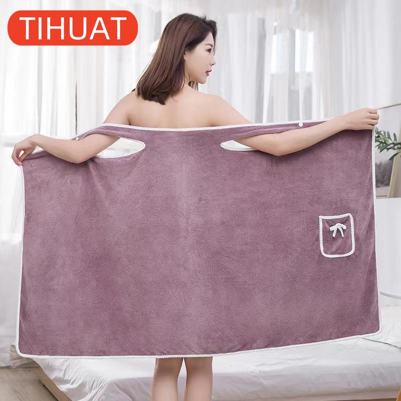 

1 шт. Портативное банное полотенце Впитывающее Быстросохнущее Банный халат с карманами Декор в виде банта Банное полотенце Аксессуары для ванной 80*135cm фиолетовый