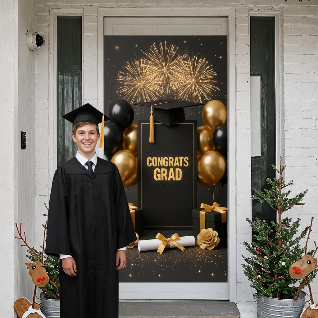 Graduation Background Black Gold Balloons Grad Party Banner Congrats Grad Background Glittery Gold Lettering For Graduation