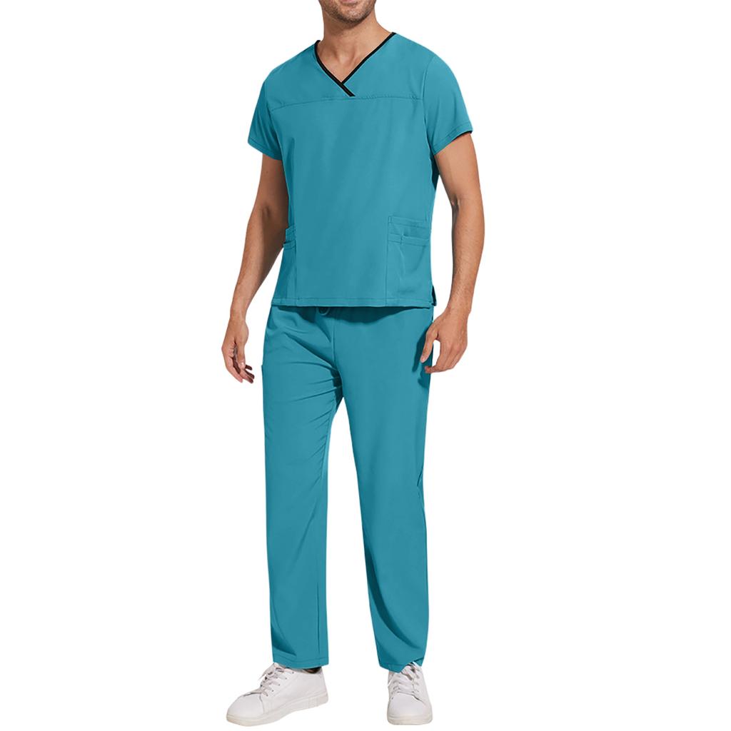 Pánský volný a pohodlný pracovní oděv s výstřihem do V a krátkým rukávem, vícekapsový kosmetický komplet