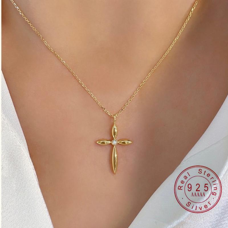 925 Sterling Silver Cross Pendant Necklace, Gold Plated Zircon Religious Chain Necklace, Elegant Spiritual Jewelry for Women