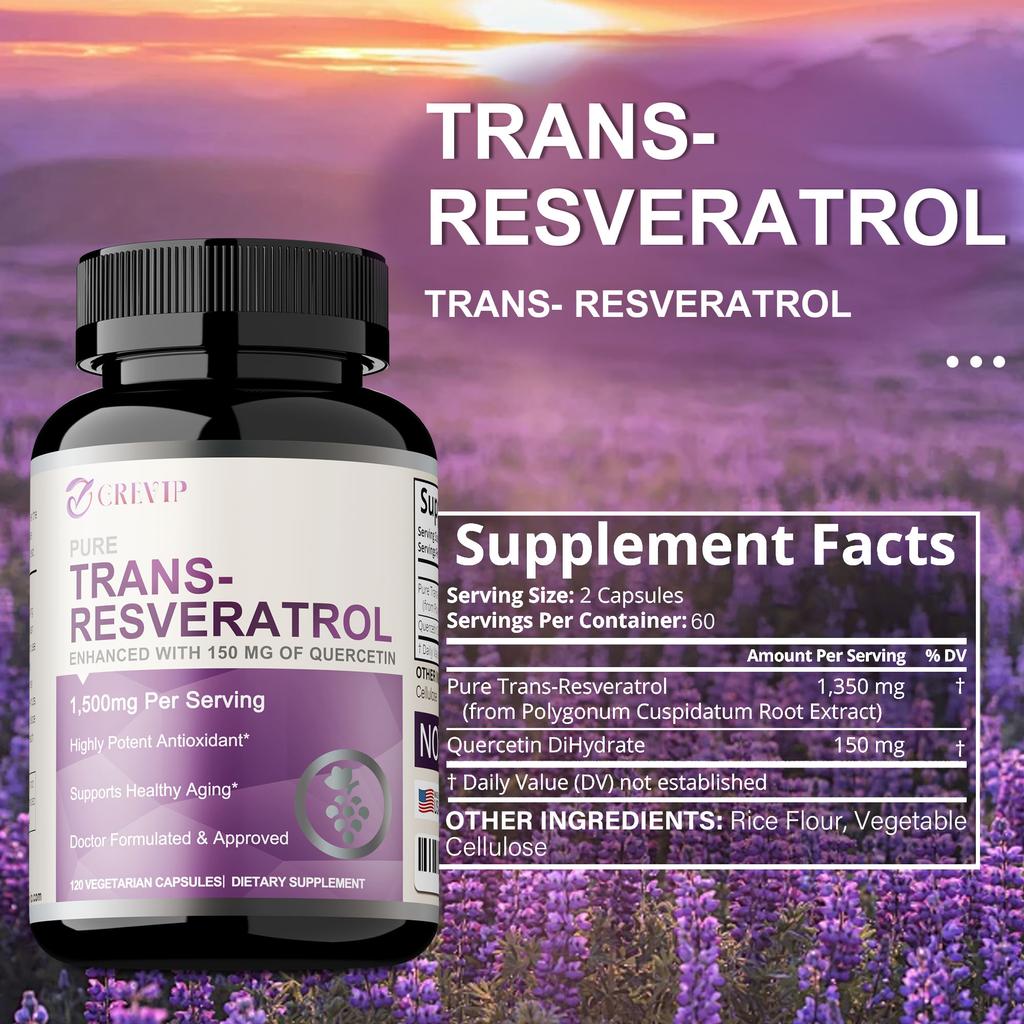 GREVIP Reine Trans-Resveratrol und Quercetin Kombinationskapseln, Leicht Absorbiert, 120 Kapseln, Geeignet für Erwachsene
