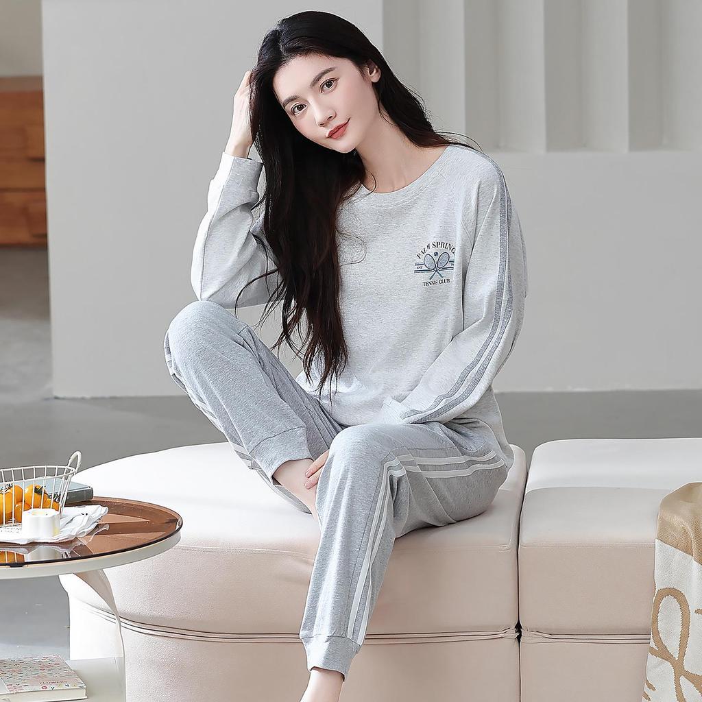 100% Cotton Women's Pajama Set – Breathable, Sweat-Absorbent, Long Sleeve Crew Neck for Indoor & Outdoor Wear (Autumn/Winter)