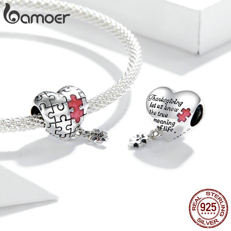 Bamoer Real 925 Sterling Silver Love Puzzles Oxidized Silver Charm for Original 3mm Bracelet & Bangle Enamel Metal Bead Jewelry