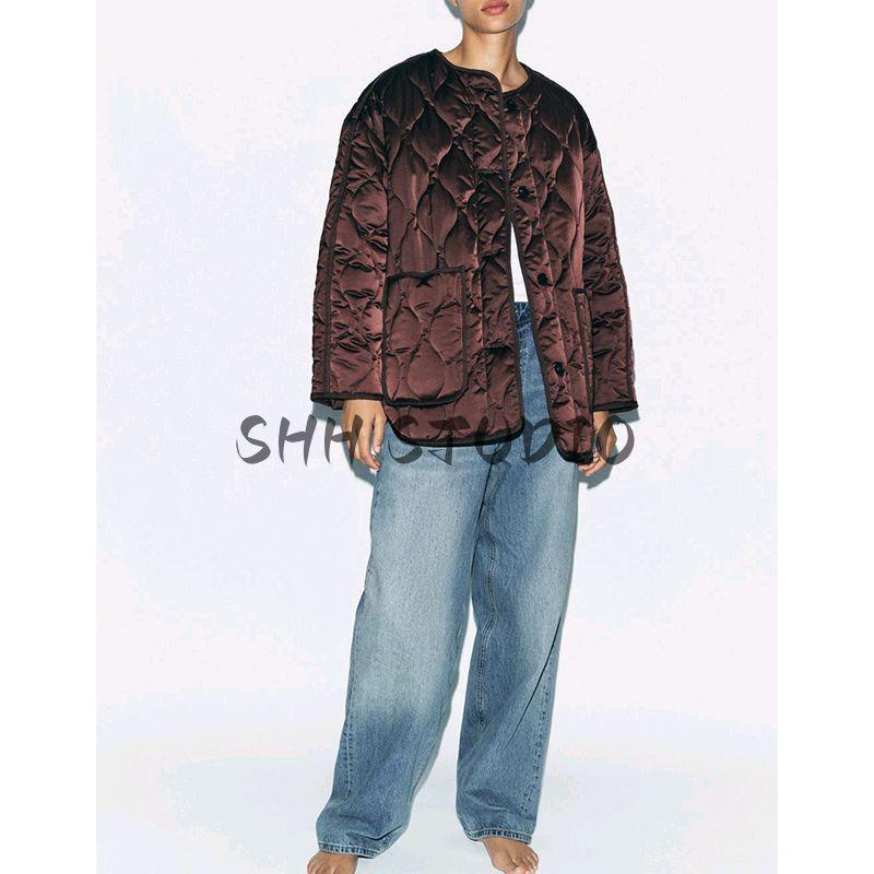 Spring New Women's Clothing Casual Minimalist Easiest for Match Silk Satin Texture round Neck Cotton Jacket Outwear 4088045