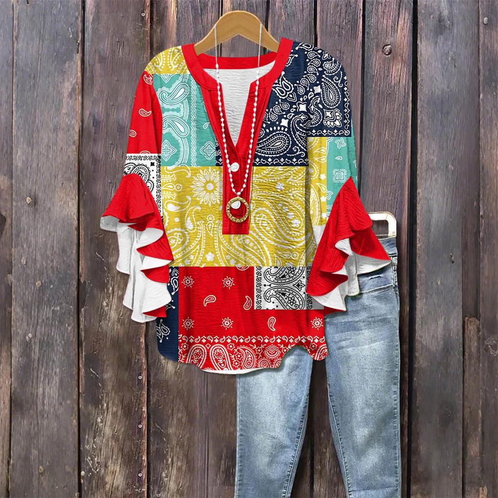 Women's Fashion Casual Button V-Neck Seven Sleeve Vintage Printed Shirt Top