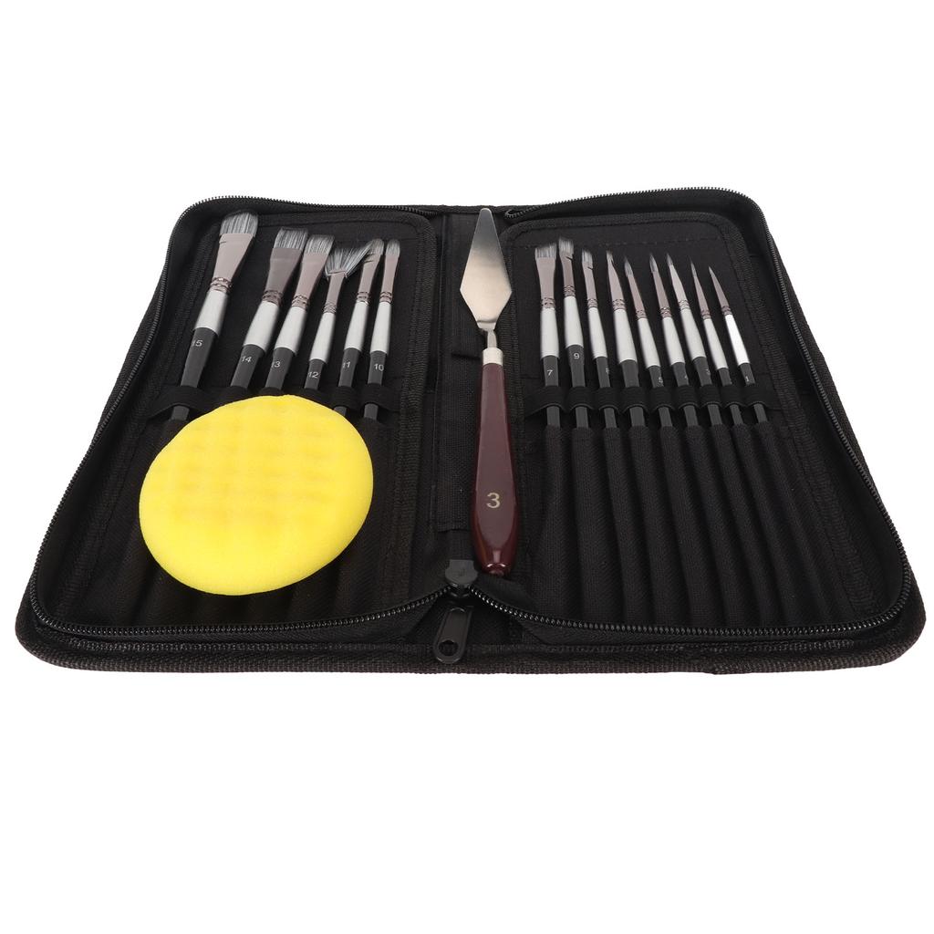 15 Pieces Paint Brush Set Comfortable Grip Neat Brush Stroke Watercolor Brush Set with Scraper Sponge Cloth Bag for Oil