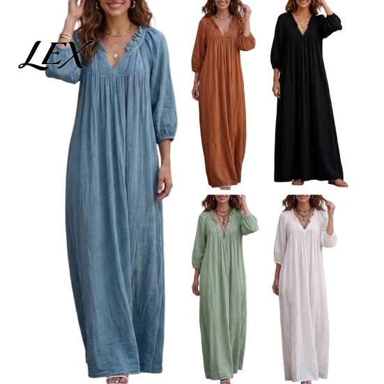 3/4 Sleeves Maxi Dress Bohemian Ruffle V-Neck Long Dress, for Comfortable Women Dresses Women, Solid Color Casual Loose Spring Fall Flowy