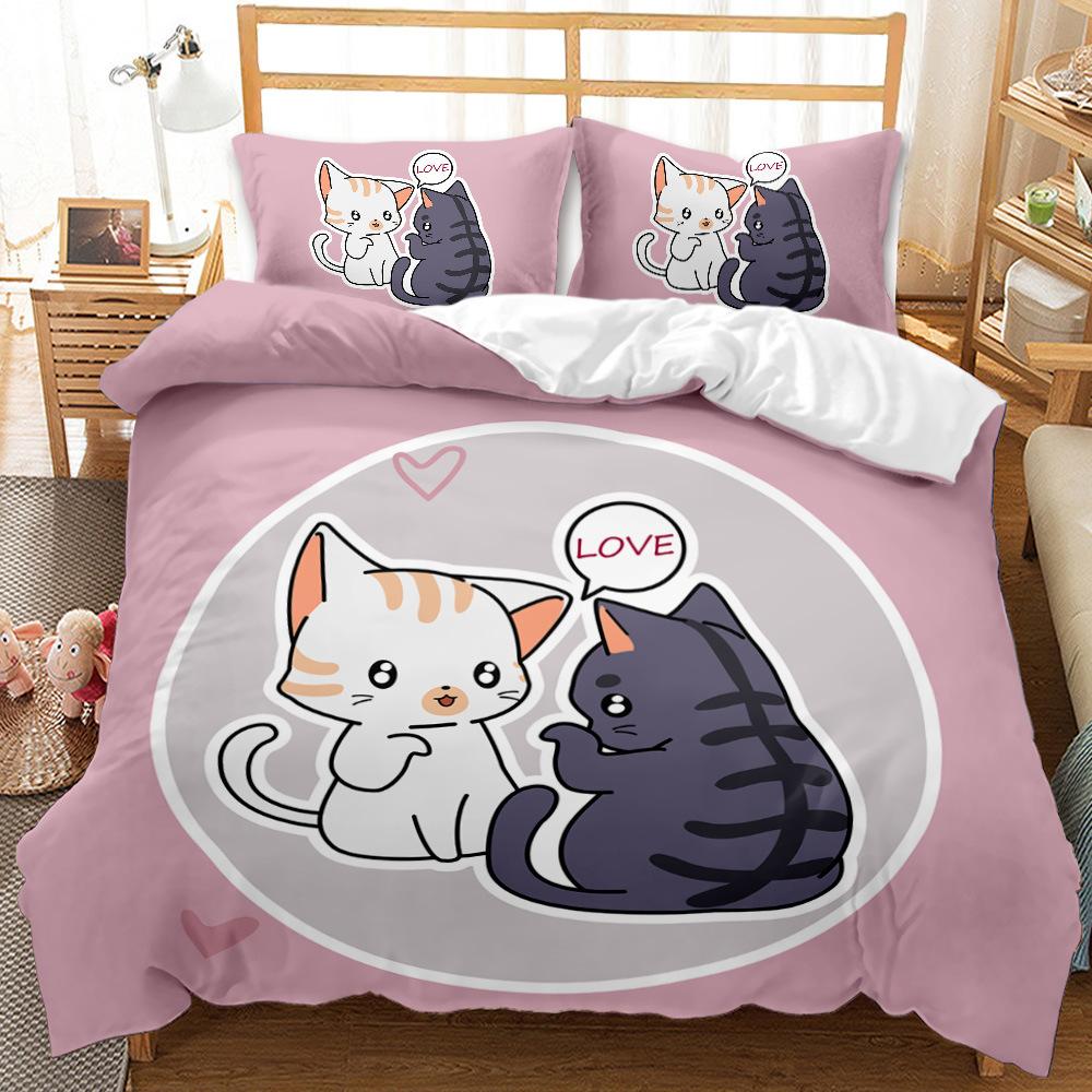 Mengda Cartoon Cat Three-Piece 3D Digital Printing Grinding Quilt Cover Bedding Kit