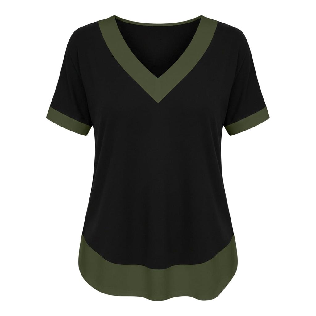 Women's Casual Color Block V Neck Short Sleeve T Shirt Top Lightweight Soft Fabric Relaxed Fit Layered Hem Design