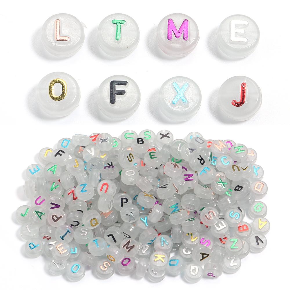 100pcs 10mm Acrylic Luminous Letter Beads Christmas Flat Round Loose Alphabet Beads For Jewelry Making DIY Bracelets Accessories