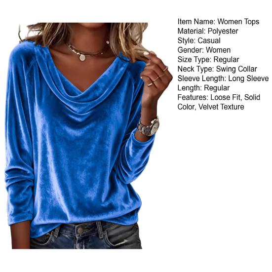 Women Tops Loose Fit Large Neckline Long Sleeve Velvet Texture Pullover Tops Solid Color