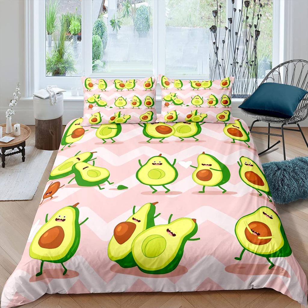 Fruit Soft Duvet Cover Set, Lovely Carton Avocado Decor 3 Piece Beding Set featuring 2 Pilow Shams, Quen King Ful Sized Dimensions, Paprika Gren