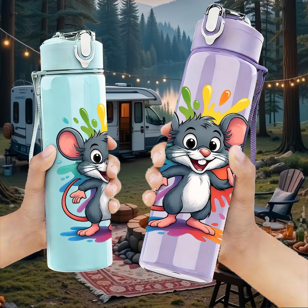 1PC Colorful Cartoon Mouse 750ml Color Plastic Sports Water Bottle Leakproof Flip Straw Lid Suitable for Sports Office Home Use