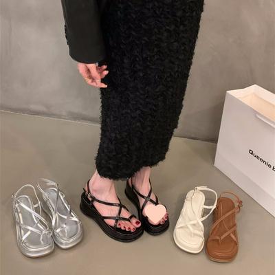 Muffin Thick-soled Set of Toe Strap Sandals Women's Shoes 2025 New Summer Wedge Heel Height Increase Small Roman Shoes