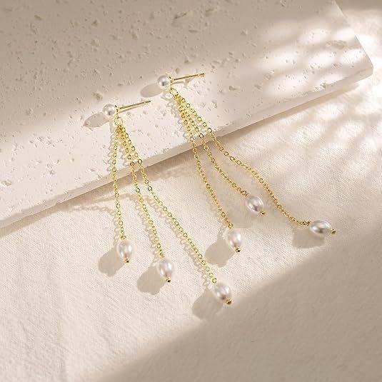 14K Gold Plated Copper Irregular Freshwater Pearl Long Chain Tassel Drop Earrings For Women Daily Wear Jewelry