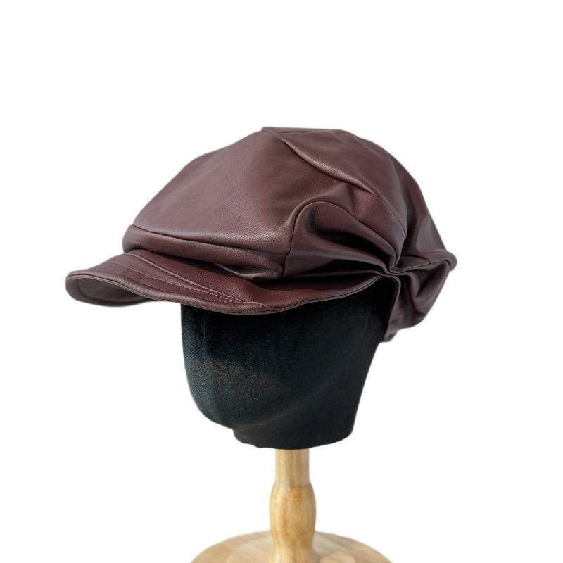 25 Early Autumn New Design Pleated Splicing Autumn and Winter Pu Leather Newsboy Hat Soft Brim Anti-wearing Beret Tide
