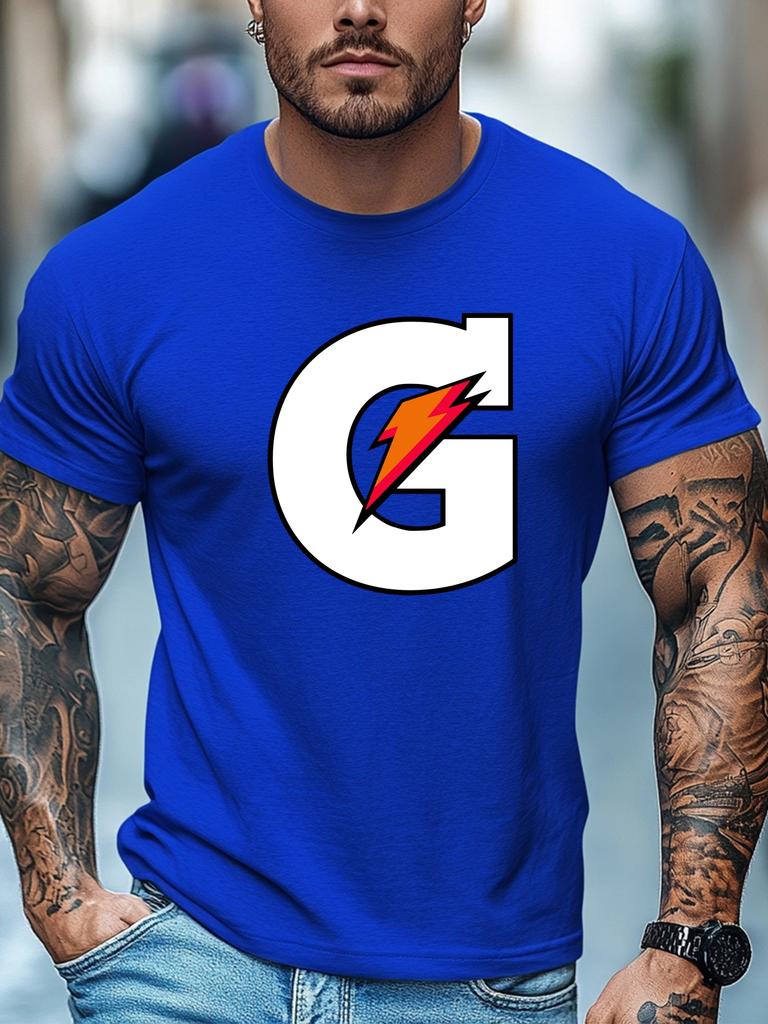 Mens Summer Sport TShirt Letter G Lightning Print Short Sleeve Round Neck Breathable Oversized Dynamic Daily Wear